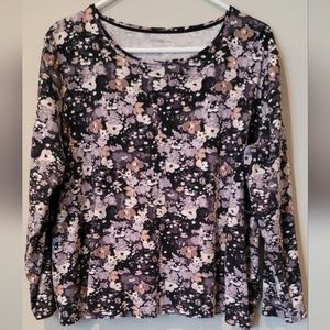 Black Floral Long Sleeve Crew Neck T Shirt, 100% Cotton, Size 2X